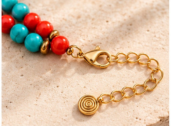 Handcrafted Turquoise & Coral Two-Strand Beaded Necklace