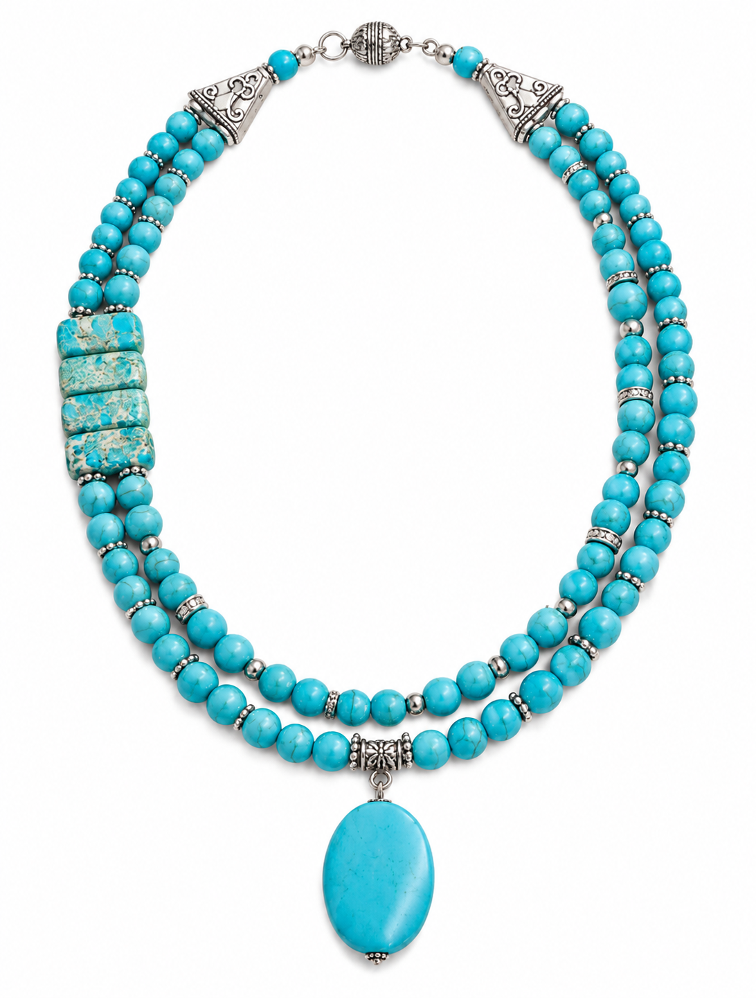 Handcrafted Turquoise Double-Strand Necklace with Oval Pendant