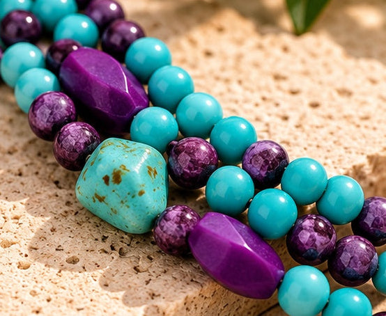 Handcrafted Turquoise & Purple Jade Three-Strand Statement Necklace