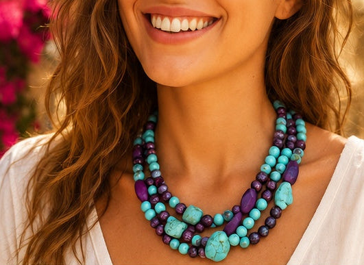 Handcrafted Turquoise & Purple Jade Three-Strand Statement Necklace