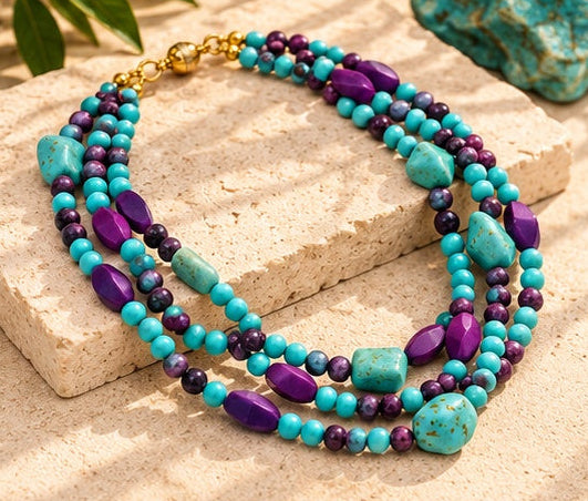 Handcrafted Turquoise & Purple Jade Three-Strand Statement Necklace