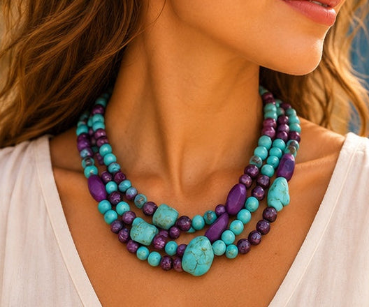 Handcrafted Turquoise & Purple Jade Three-Strand Statement Necklace