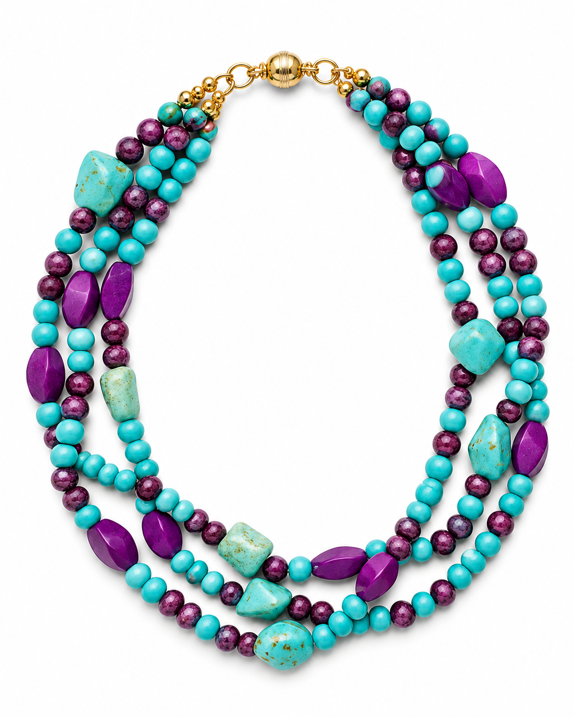 Handcrafted Turquoise & Purple Jade Three-Strand Statement Necklace