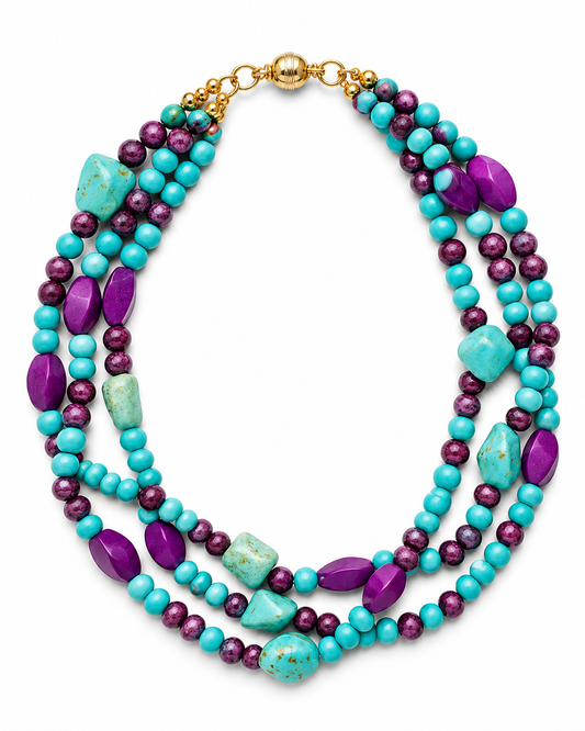 Handcrafted Turquoise & Purple Jade Three-Strand Statement Necklace