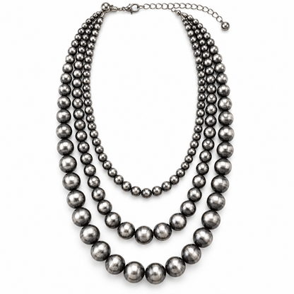 Western Triple-Strand Faux Navajo Pearl Necklace | Burnished Silver