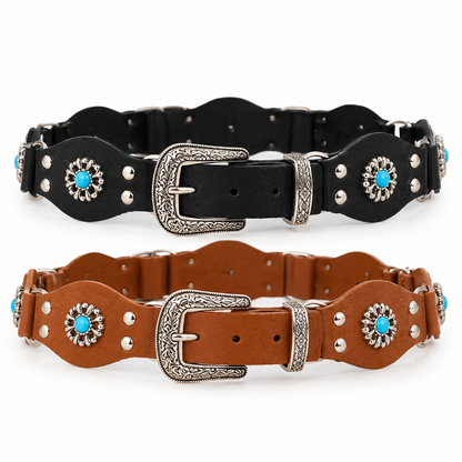 Western Turquoise-Tone Concho Belt – Black & Camel