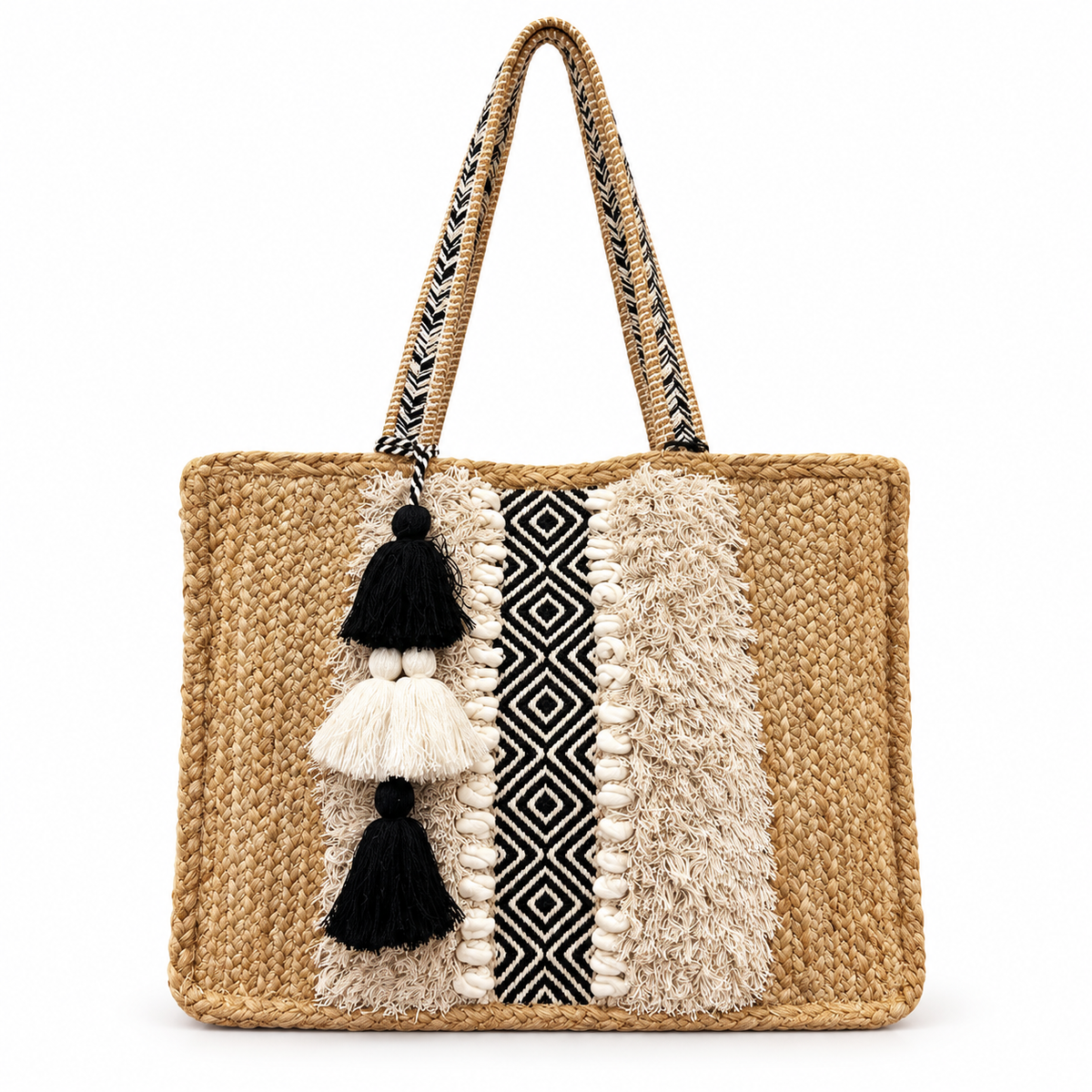 The Santa Fe Social Jute Tote | Black & White Fringe Shoulder Bag