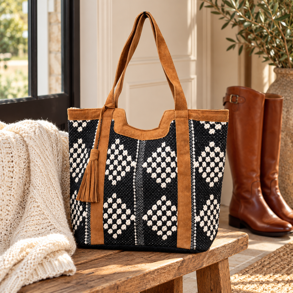 The Aspen Social Diamond Tote | Black & White Leather-Trimmed Bag
