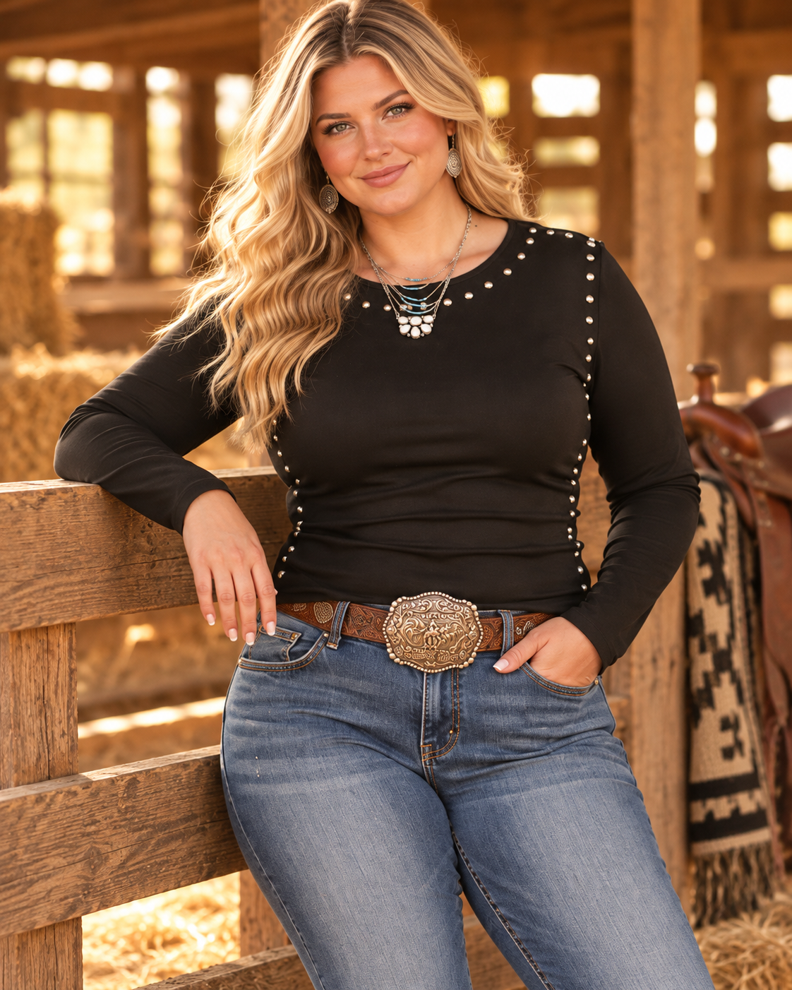 A woman wearing a black long-sleeve top with silver stud embellishments on the shoulders and sides, paired with blue jeans and a brown belt, leaning against a wooden fence in a rustic barn setting.
