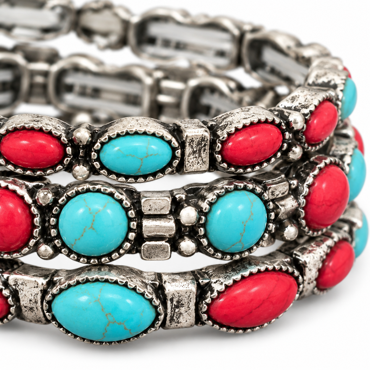 Desert Rodeo Faux Turquoise & Red Stone 3-Piece Bracelet Set