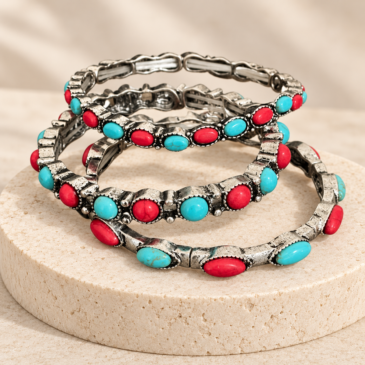 Desert Rodeo Faux Turquoise & Red Stone 3-Piece Bracelet Set