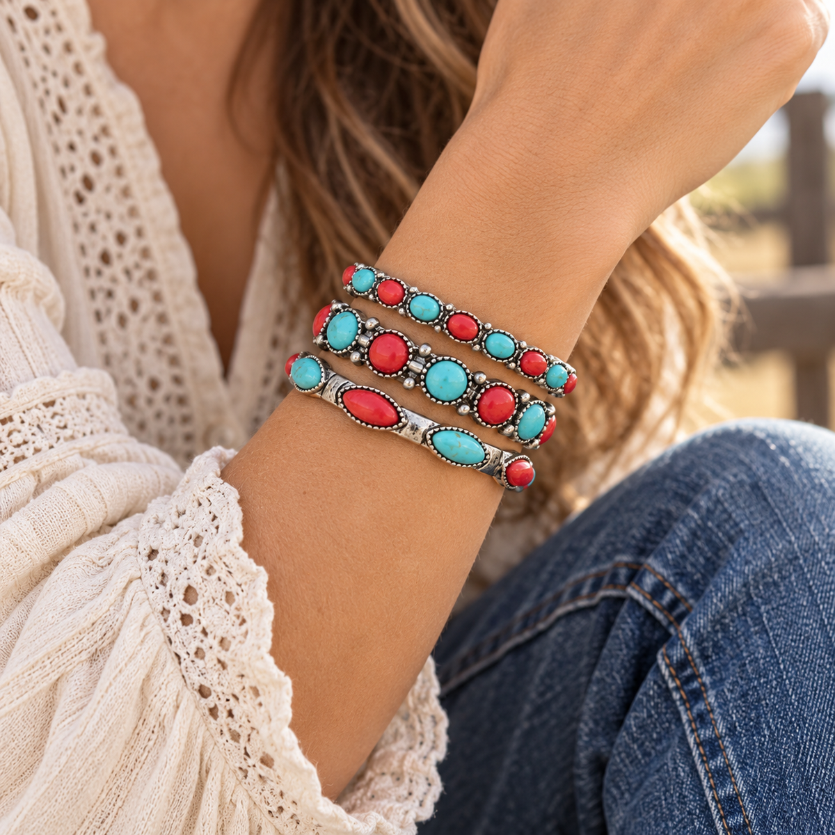 Desert Rodeo Faux Turquoise & Red Stone 3-Piece Bracelet Set