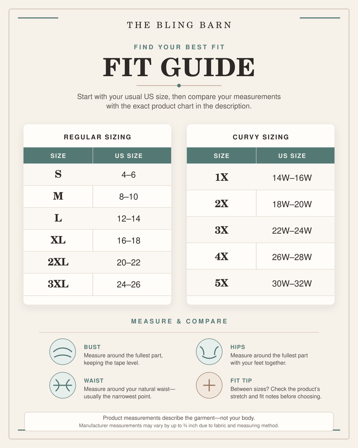 A fit guide infographic from The Bling Barn showing how to compare garment measurements with US sizes, with sections for Regular Sizing and Curvy Sizing and icons for Bust, Hips, and Fit Tip.