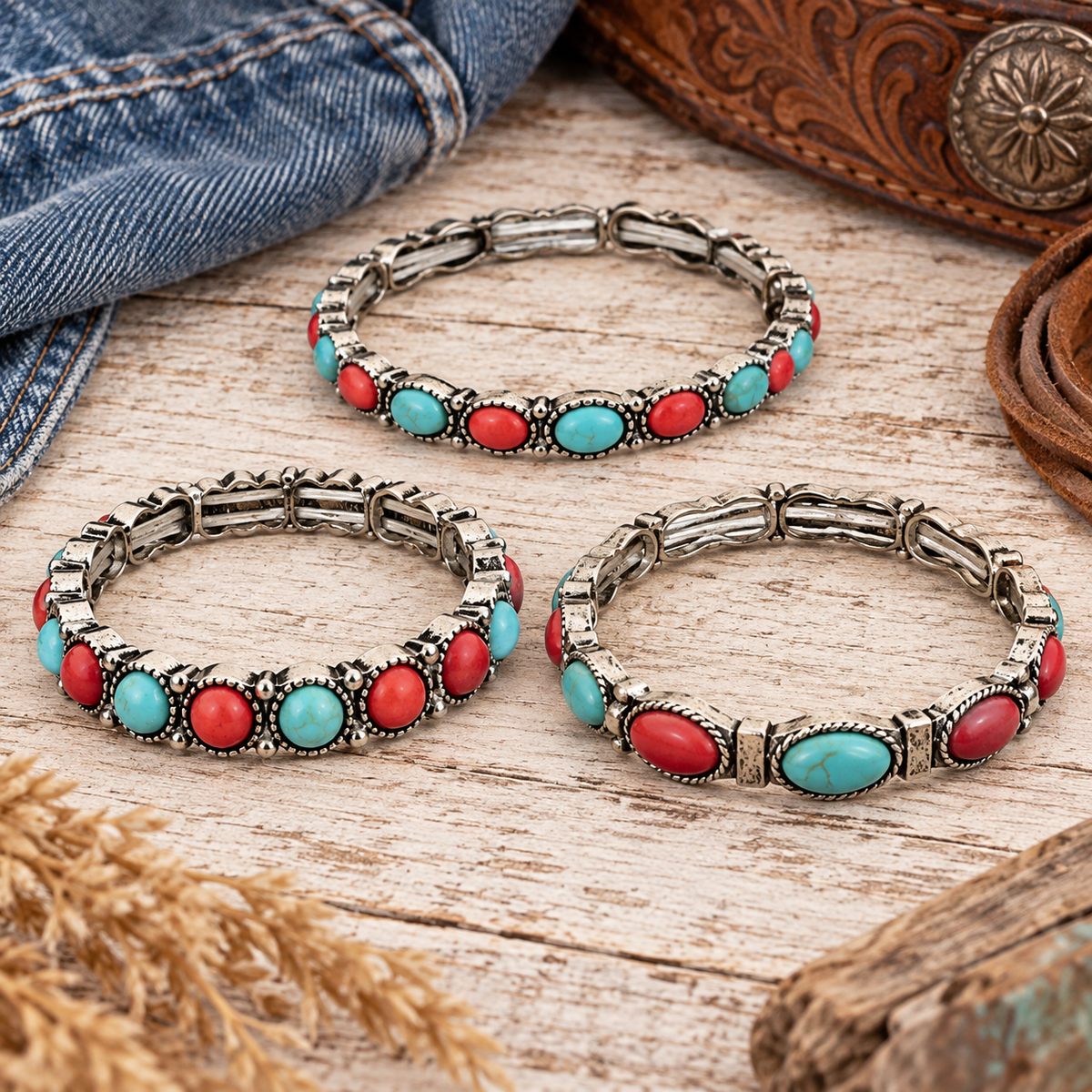 Desert Rodeo Faux Turquoise & Red Stone 3-Piece Bracelet Set