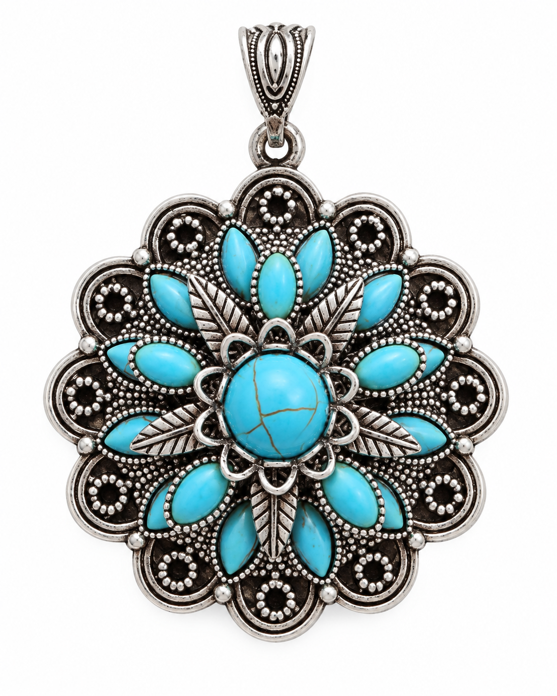 A silver-toned floral pendant featuring turquoise stones in a Southwestern-style design, shown against a plain white background.