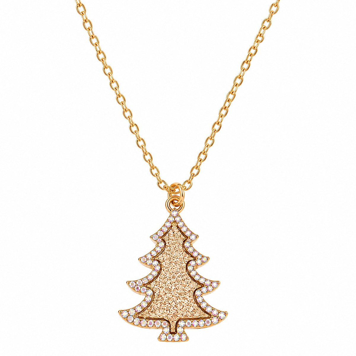 A gold Christmas tree pendant necklace adorned with small clear crystals, suspended from a gold cable chain on a plain white background.