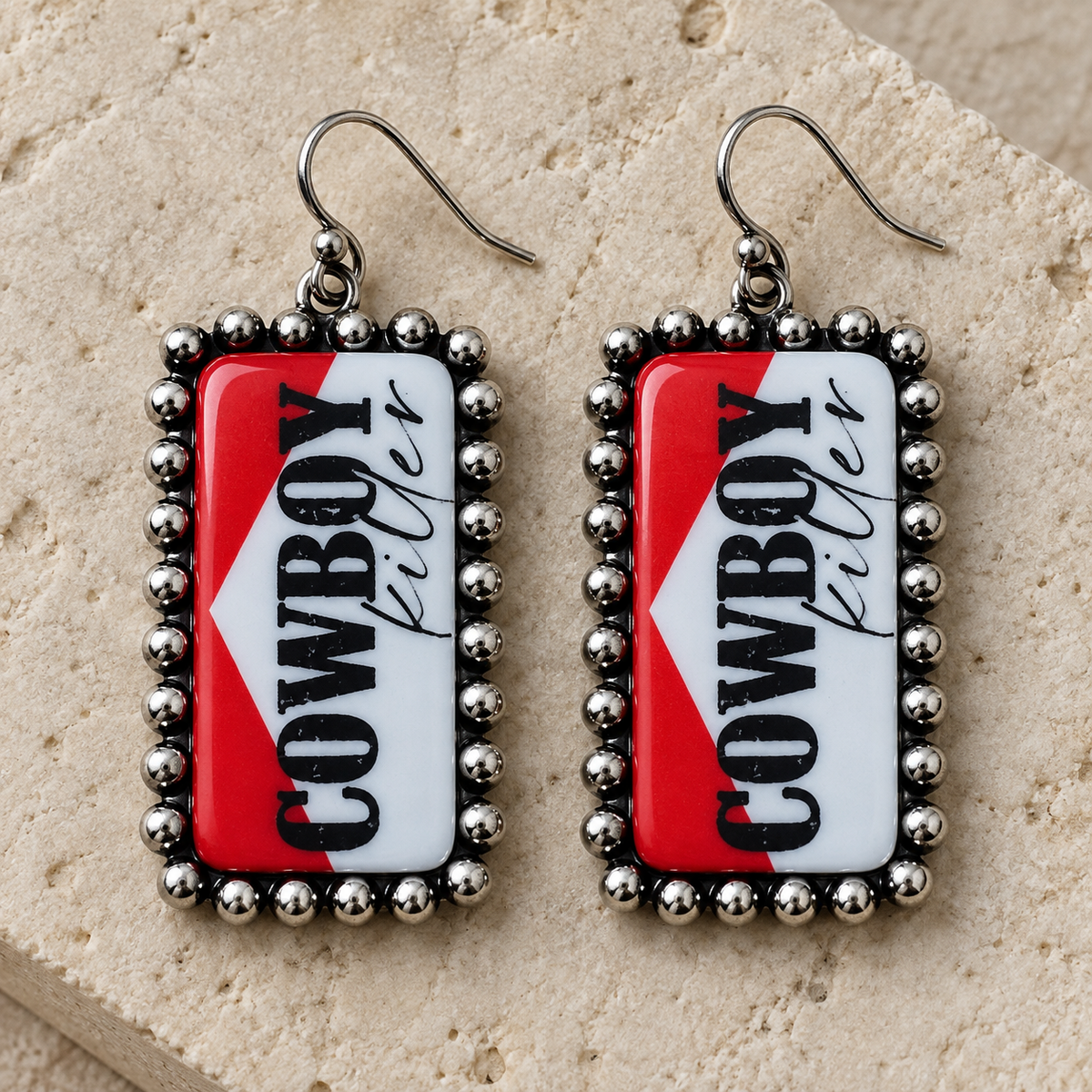 Western Cowboy Killer Red & White Statement Earrings