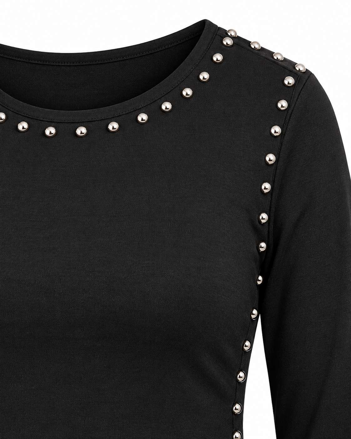 Close-up of a black long-sleeve top with silver metallic stud embellishments along the neckline and shoulder.