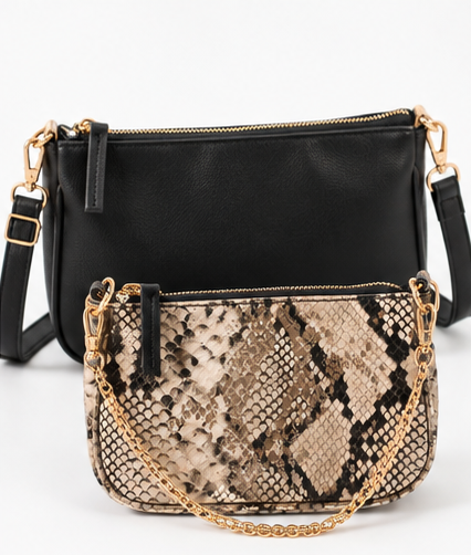 Double the Style 2-in-1 Snake Print Crossbody Bag Set – Black & Neutral