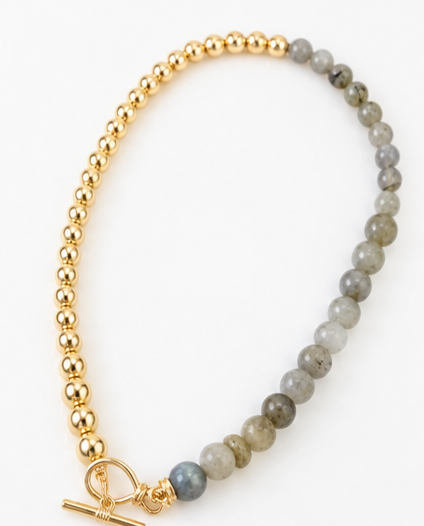 Ethan Gray Semi-Precious Stone & Gold-Tone Beaded Necklace – Toggle Clasp