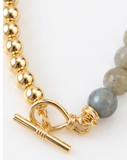 Ethan Gray Semi-Precious Stone & Gold-Tone Beaded Necklace – Toggle Clasp