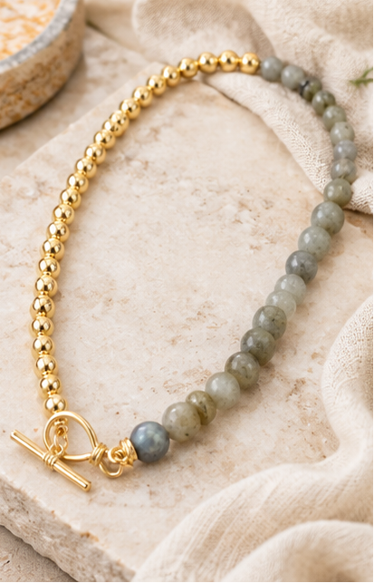 Ethan Gray Semi-Precious Stone & Gold-Tone Beaded Necklace – Toggle Clasp