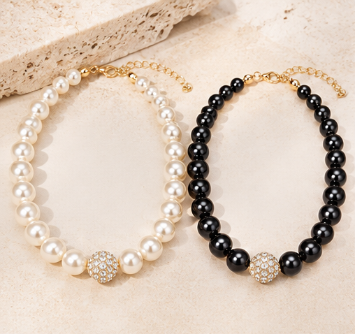 Crystal Pavé & Faux Pearl Strand Necklace | Black or Ivory