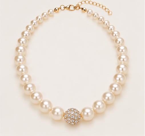 Crystal Pavé & Faux Pearl Strand Necklace | Black or Ivory