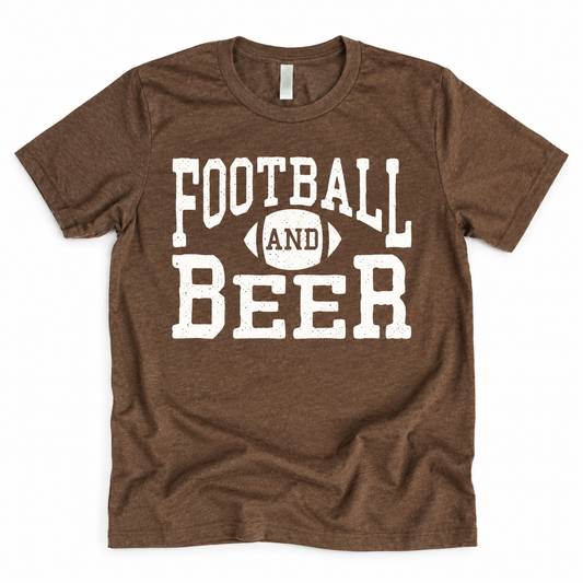 Brown Football and Beer unisex graphic tee with distressed off-white print on white