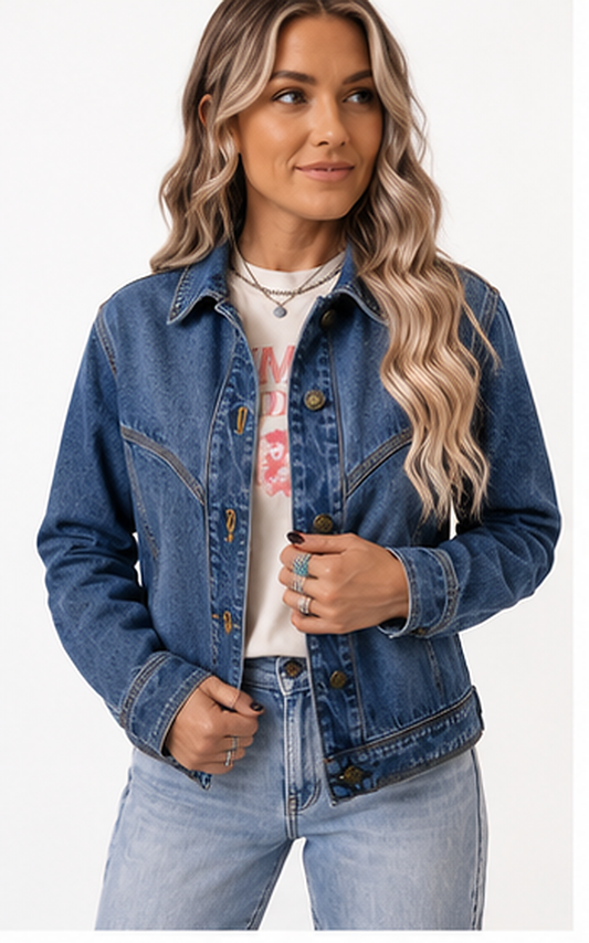 A woman wearing a blue denim jacket over a white graphic t-shirt and light-wash jeans, photographed against a plain white studio background.