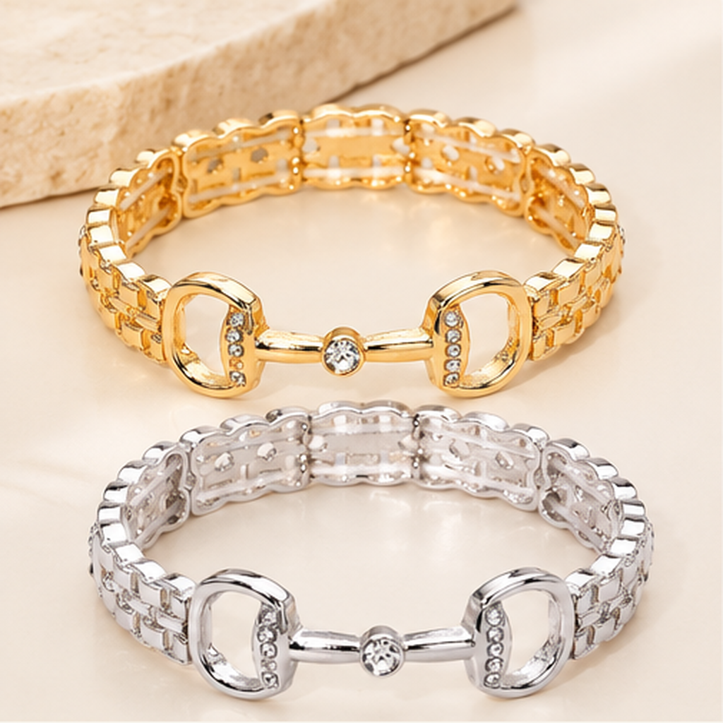 Crystal Pavé Horsebit Stretch Bracelet | Gold or Silver