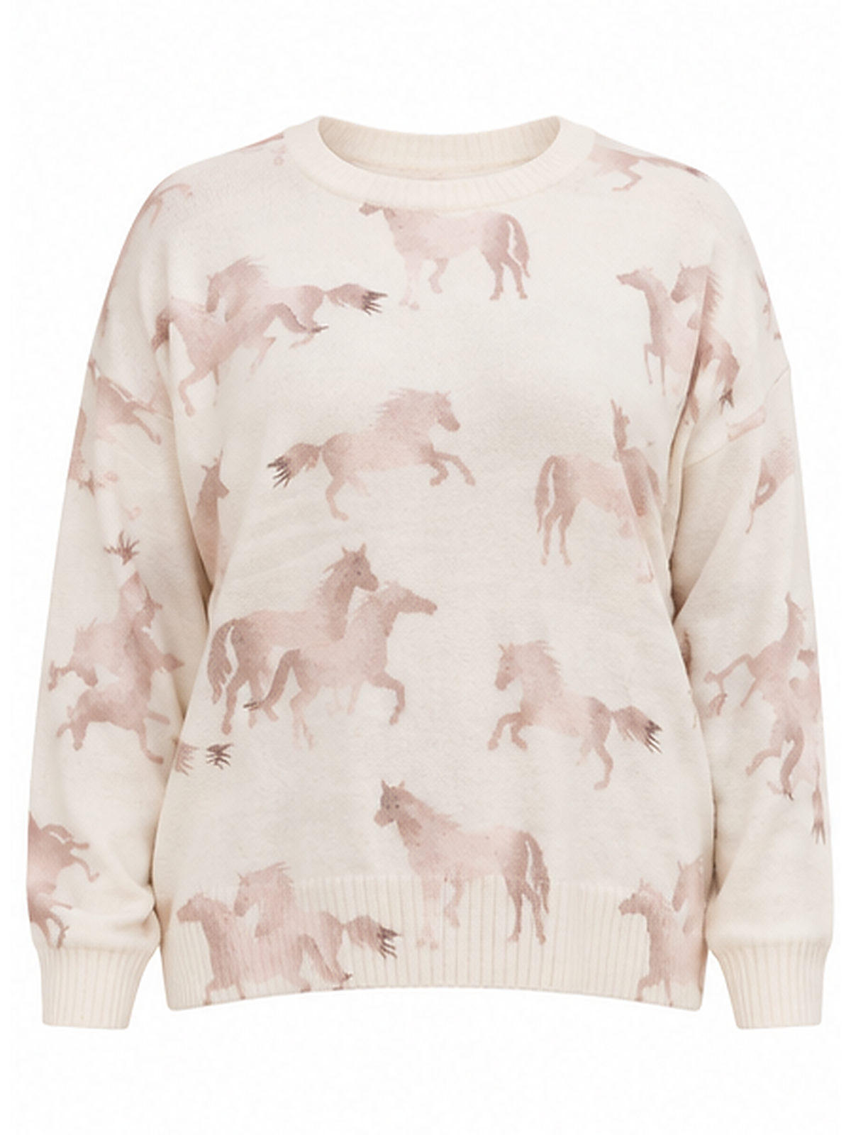An off-white crewneck sweater featuring an all-over print of dusty pink horses in various poses.