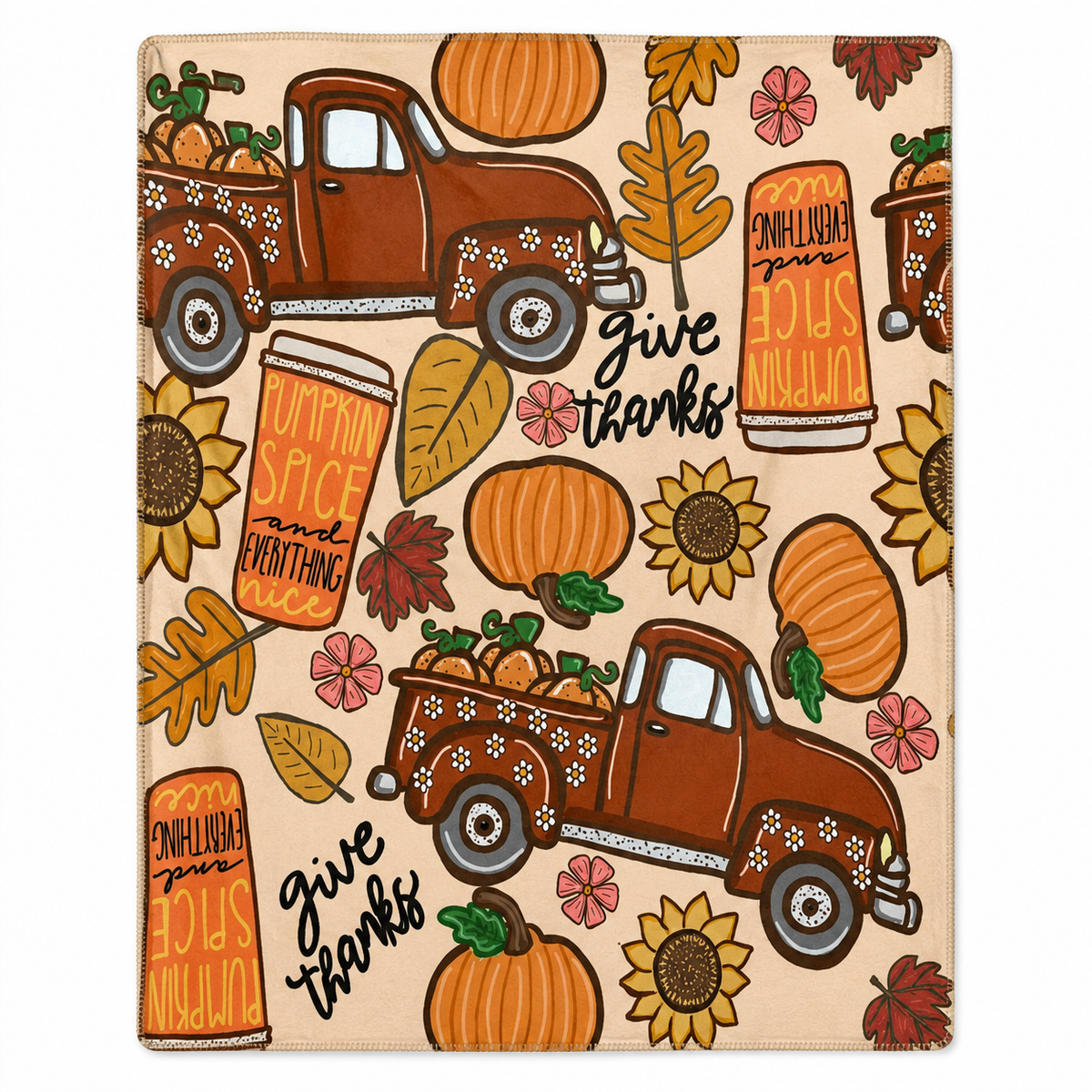 Harvest Roads & Pumpkin Spice fall throw blanket featuring vintage pickup trucks, pumpkins, sunflowers and Give Thanks lettering