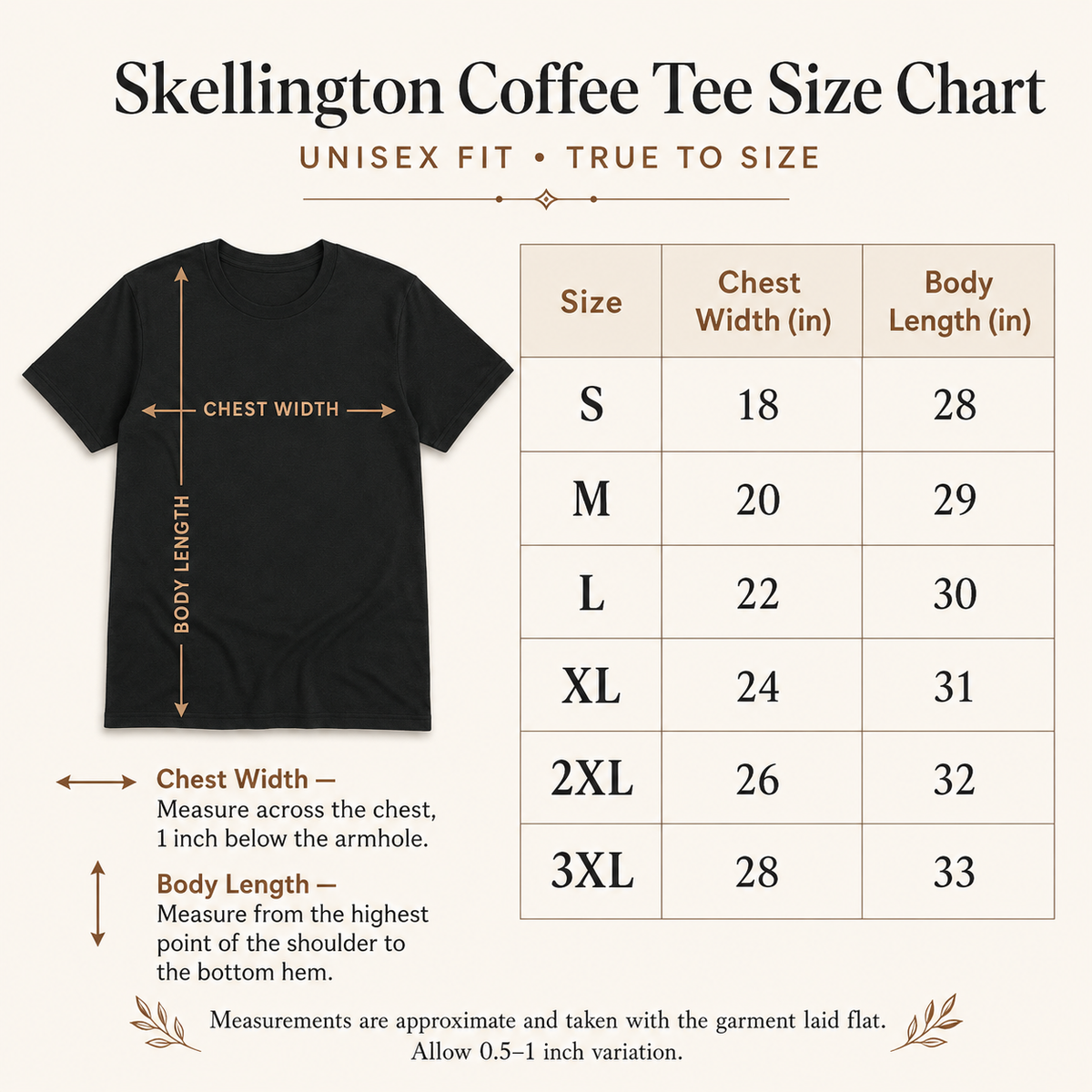 Skellington Coffee Tee size chart showing chest width and body length measurements from S through 3XL