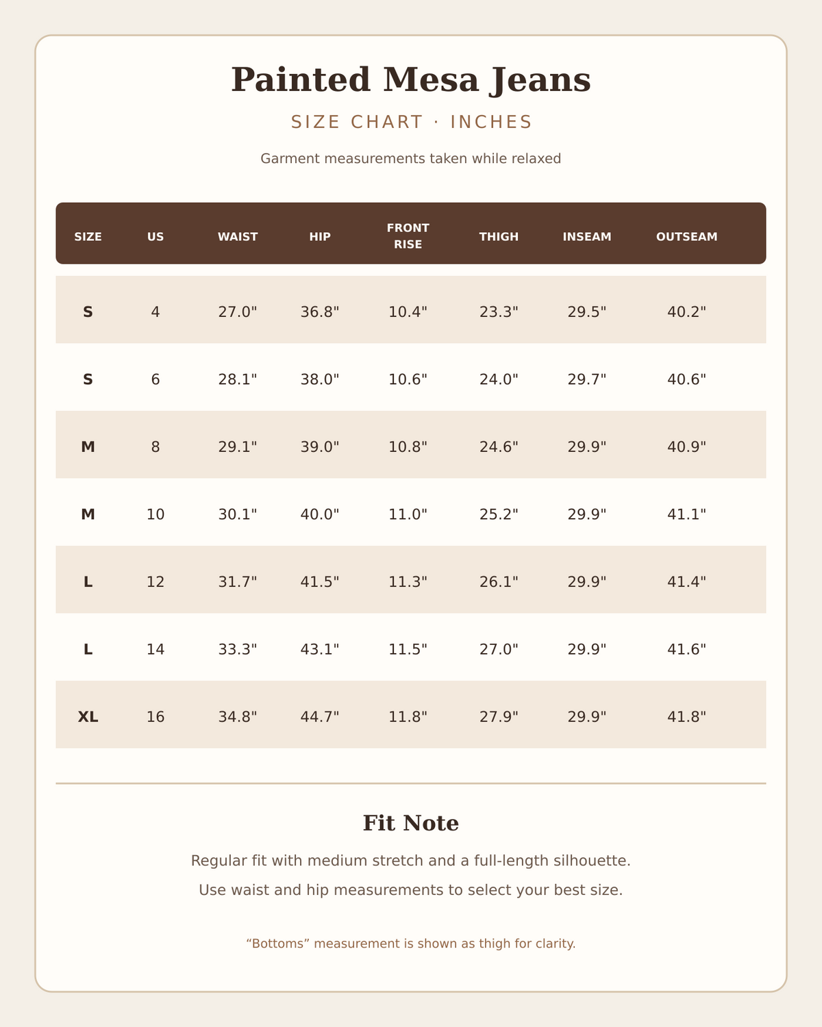 Painted Mesa Western jeans size chart with waist, hip, rise, thigh, inseam and outseam measurements