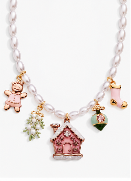 Pink Christmas Pearl Beaded Charm Necklace – Holiday Jewelry