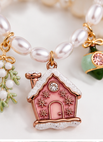 Pink Christmas Pearl Beaded Charm Necklace – Holiday Jewelry