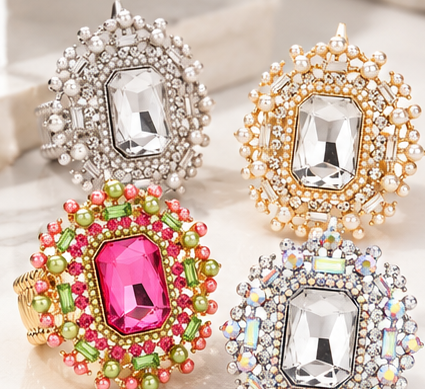 Regal Radiance Oversized Crystal & Pearl Stretch Statement Ring