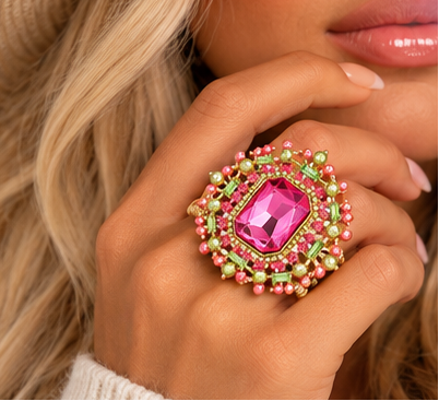 Regal Radiance Oversized Crystal & Pearl Stretch Statement Ring