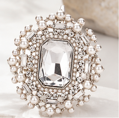 Regal Radiance Oversized Crystal & Pearl Stretch Statement Ring