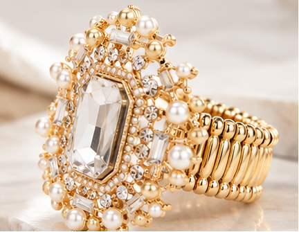 Regal Radiance Oversized Crystal & Pearl Stretch Statement Ring