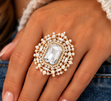 Regal Radiance Oversized Crystal & Pearl Stretch Statement Ring