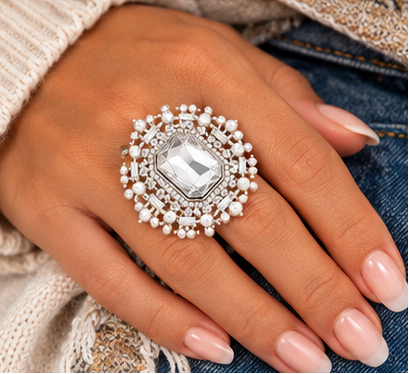 Regal Radiance Oversized Crystal & Pearl Stretch Statement Ring