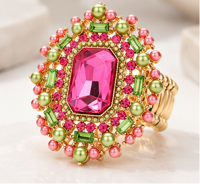 Regal Radiance Oversized Crystal & Pearl Stretch Statement Ring
