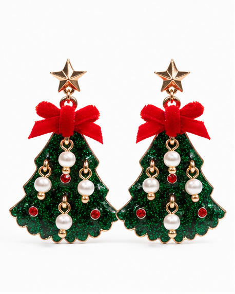 Glittered Christmas Tree Dangle Earrings with Velvet Bows | Green & White