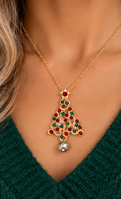 Crystal Christmas Tree Necklace & Snowflake Earring Set | Holiday Jewelry
