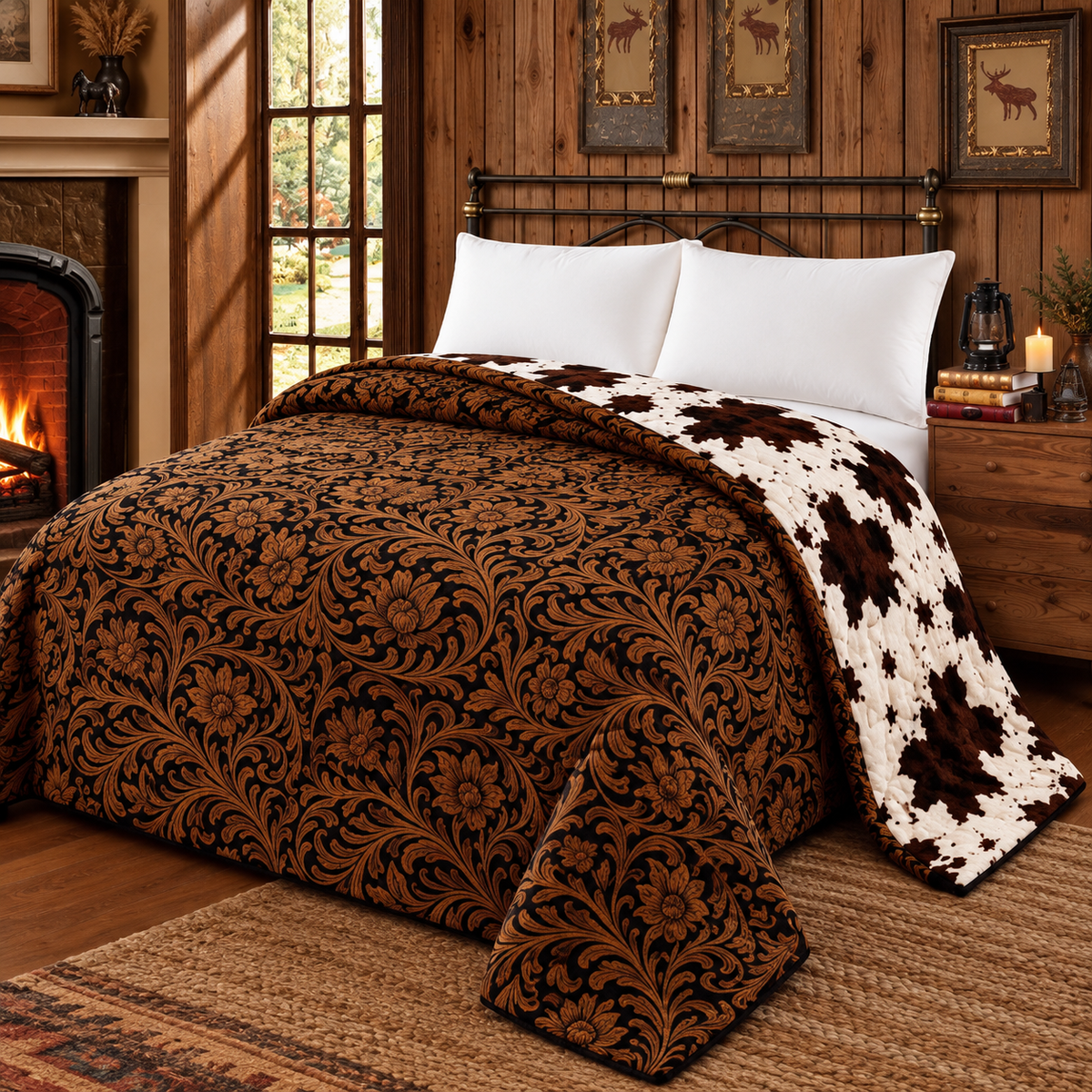 Saddlewood Reversible King Blanket | Western Floral & Cow Print