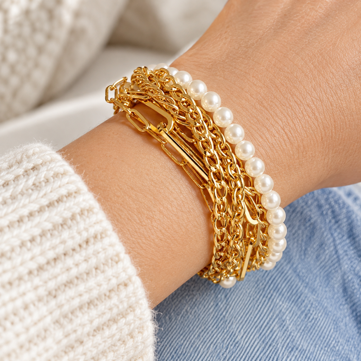 Multi Chain & Pearl Bracelet