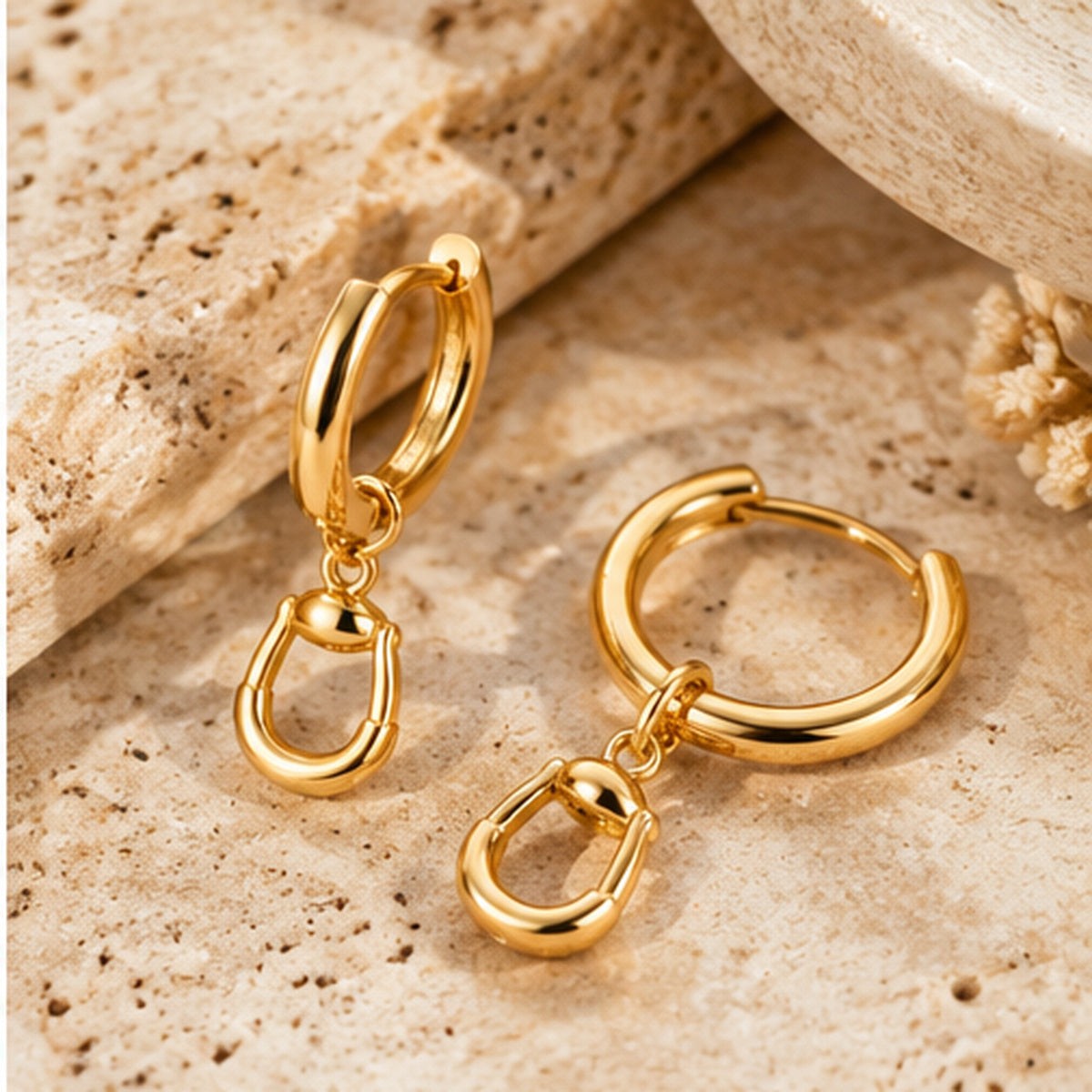 18K Gold-Dipped Equestrian Stirrup Charm Huggie Earrings