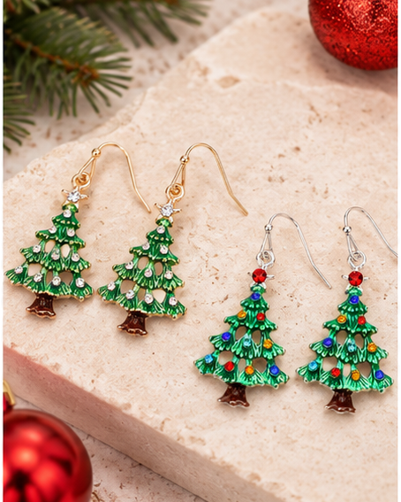Sparkling Christmas Tree Dangle Earrings | Gold & Silver